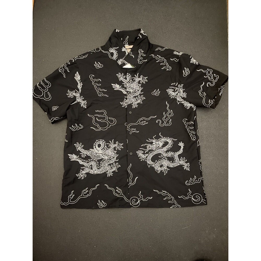 DISTORTION Sz L Men's button-up Dragon Black Shirt with short sleeves